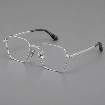 Geometric square titanium glasses with a textured bridge and fine temple grooves in Silver, three quarter view additional product view