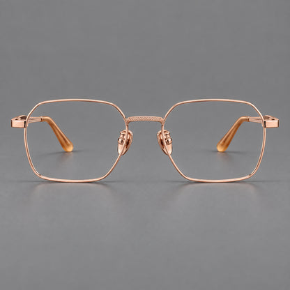 Geometric square titanium glasses with a textured bridge and fine temple grooves in Rose Gold, front view additional product view