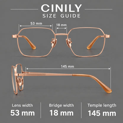 Geometric square titanium glasses with a textured bridge and fine temple grooves, size guide in millimetres additional product view