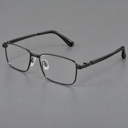 Wide rectangular titanium glasses with a broad bridge and rounded hinge caps in Black, three quarter view