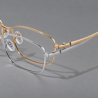 Wide rectangular titanium glasses with a broad bridge and rounded hinge caps, frame details additional product view