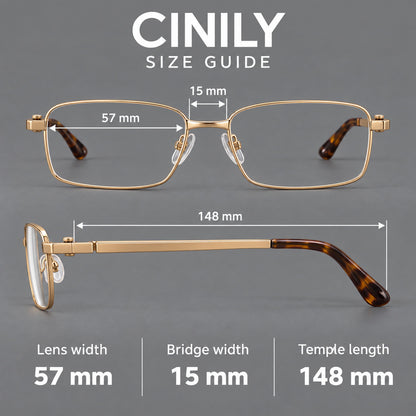 Wide rectangular titanium glasses with a broad bridge and rounded hinge caps, size guide in millimetres additional product view