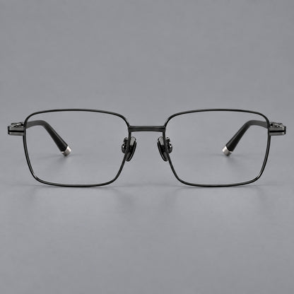 Rectangular titanium glasses with inset corner lines and metal capped temple tips in Black, front view side view