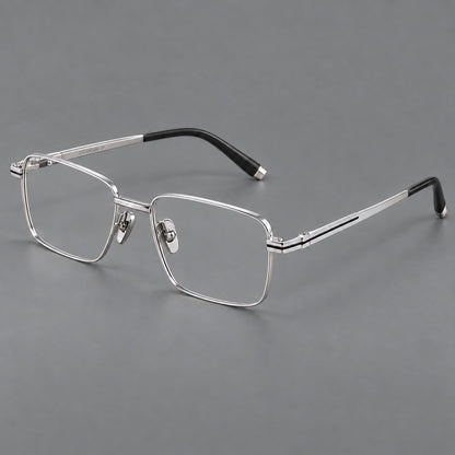 Rectangular titanium glasses with inset corner lines and metal capped temple tips in Silver, three quarter view additional product view