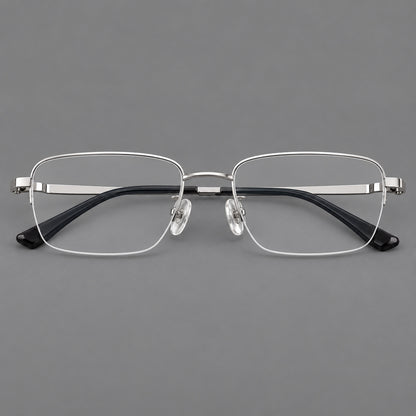 Half frame titanium glasses with rectangular lenses and rounded hinge details in Silver, front view additional product view