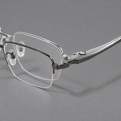 Half frame titanium glasses with rectangular lenses and rounded hinge details, frame details additional product view