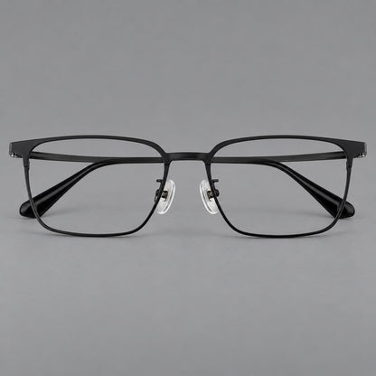 Bold rectangular titanium glasses with strong upper corners and flat metal temples in Black, front view side view
