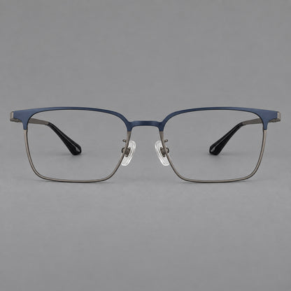 Bold rectangular titanium glasses with strong upper corners and flat metal temples in Blue and Gunmetal, front view frame detail