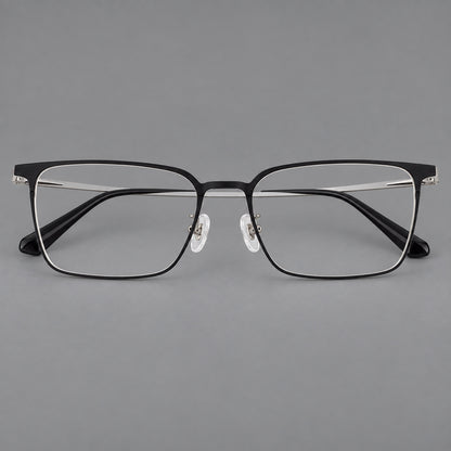 Bold rectangular titanium glasses with strong upper corners and flat metal temples in Black and Silver, front view additional product view