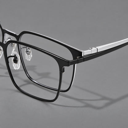 Bold rectangular titanium glasses with strong upper corners and flat metal temples, frame details additional product view