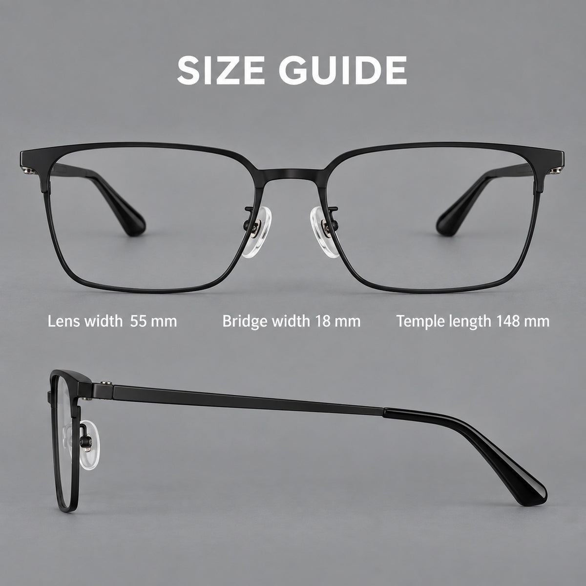 Bold rectangular titanium glasses with strong upper corners and flat metal temples, size guide in millimetres