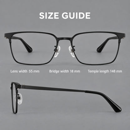 Bold rectangular titanium glasses with strong upper corners and flat metal temples, size guide in millimetres additional product view