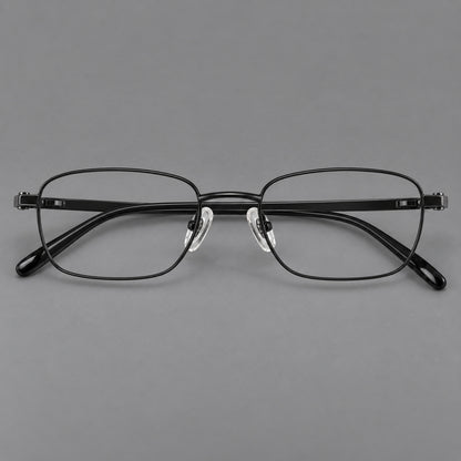 Shallow rectangular titanium glasses with a broad bridge and stepped temple joins in Black, front view side view