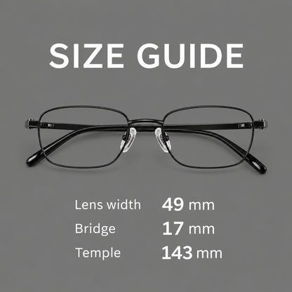 Shallow rectangular titanium glasses with a broad bridge and stepped temple joins, size guide in millimetres additional product view