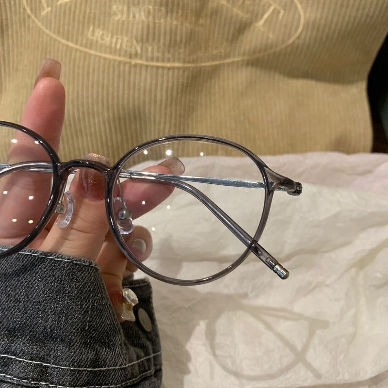 Round Eyeglass Frames with Thin Rims, Transparent Gray or Cool Tea Bro temple detail