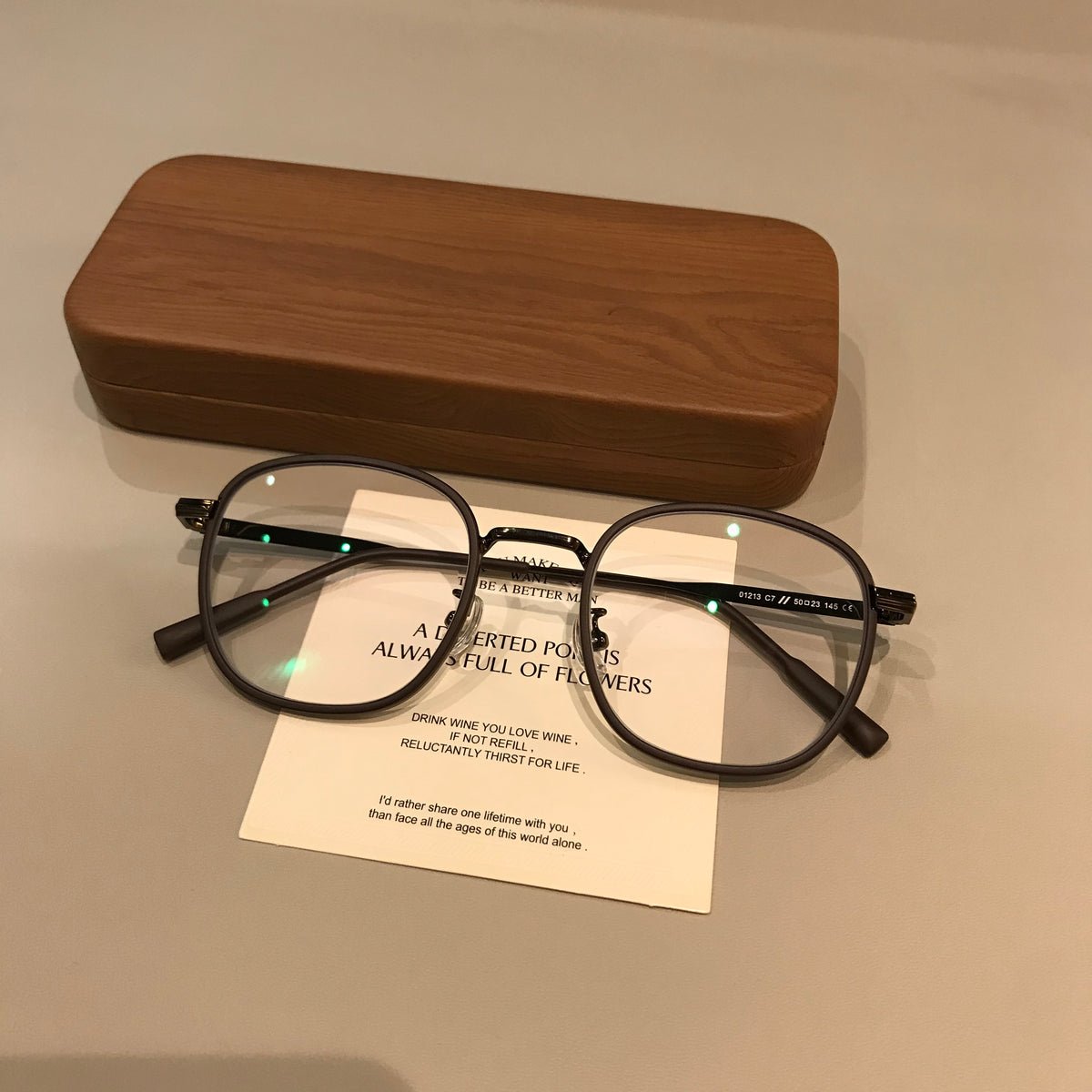 Round Eyeglass Frames with a Matte Finish and Slim Temples, Mocha Brow lens detail