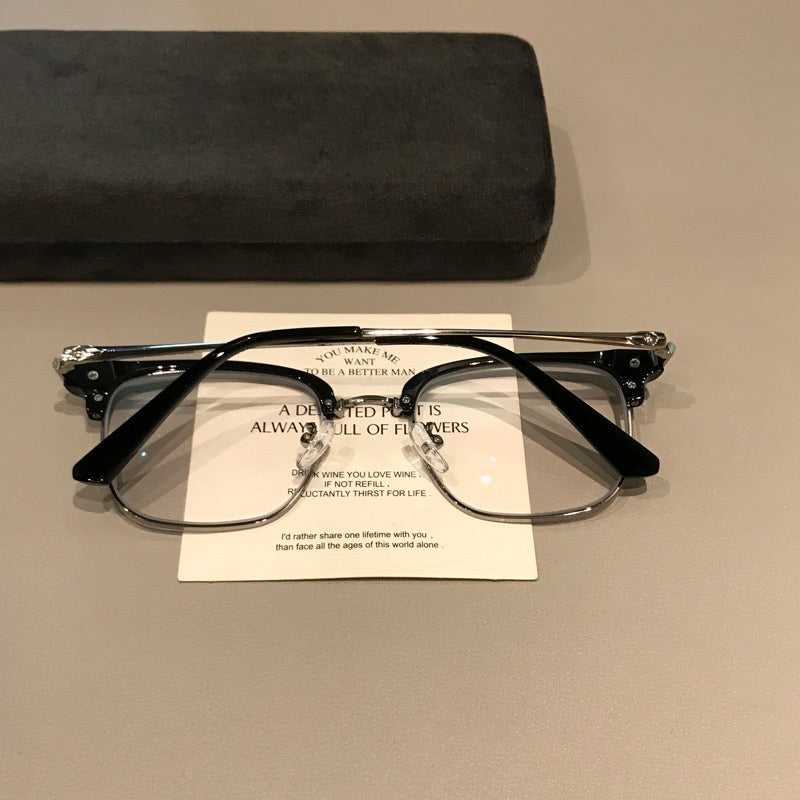 Men's Browline Eyeglass Frames with a Rectangular Front, Black/Silver frame detail