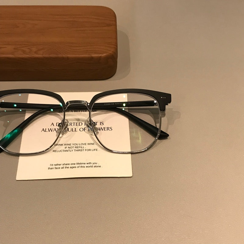 Men's Rectangular Browline Eyeglass Frames with a Matte Finish, Black frame detail