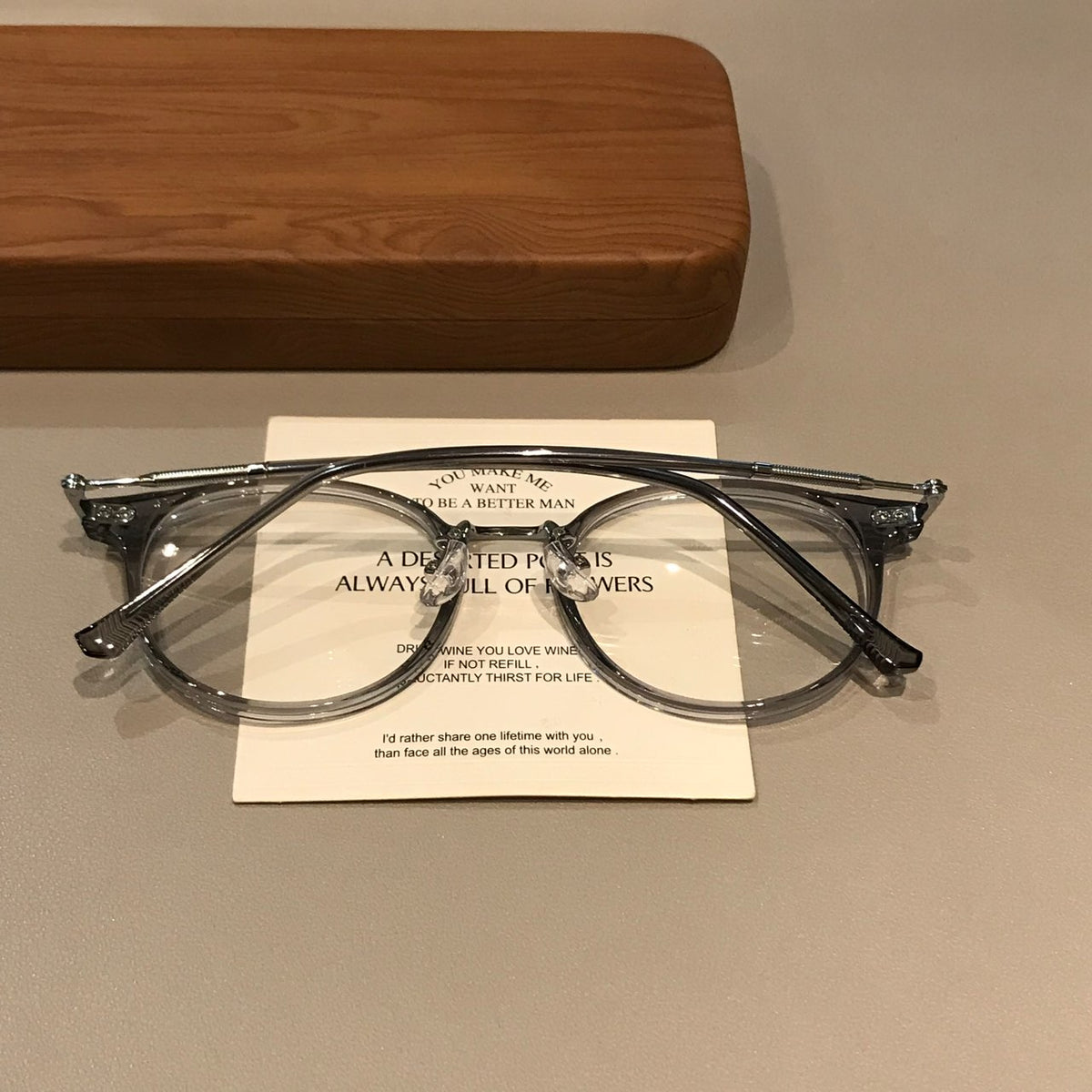 Rounded Geometric Eyeglass Frames with Translucent Rims, Ice Gray frame detail