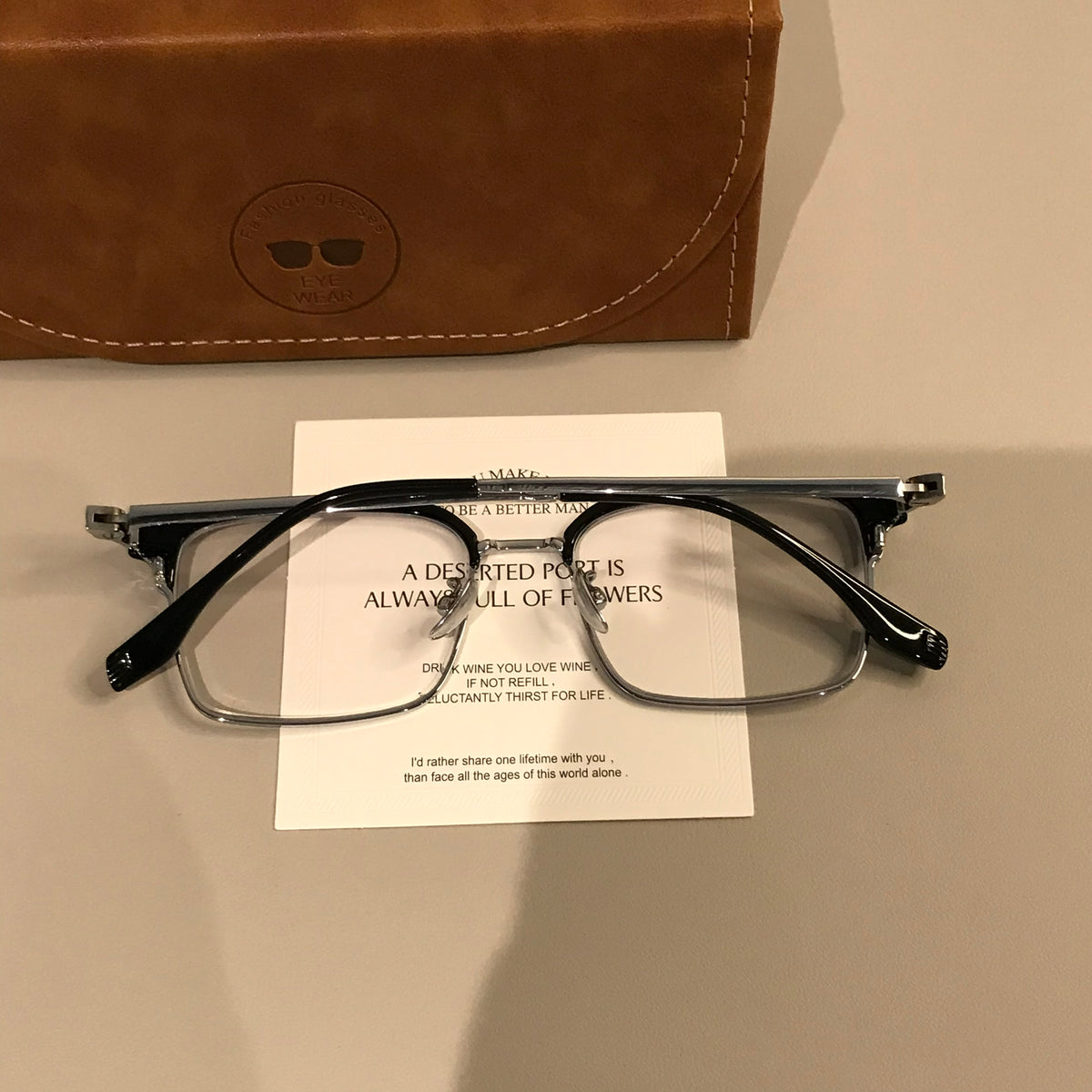Men's Rectangular Browline Eyeglass Frames with Slim Lower Rims, Black/Silver