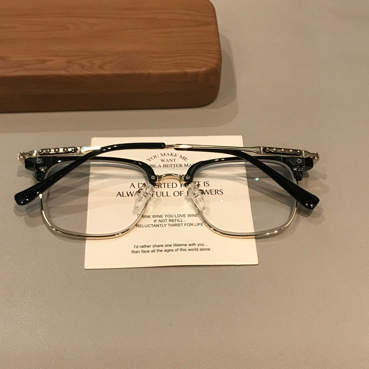 Men's Browline Eyeglass Frames with Contrast Lower Rims, Black/Gold or Black/Silver