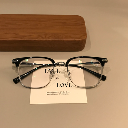 Men's Browline Eyeglass Frames with Contrast Lower Rims, Black/Gold or lens detail