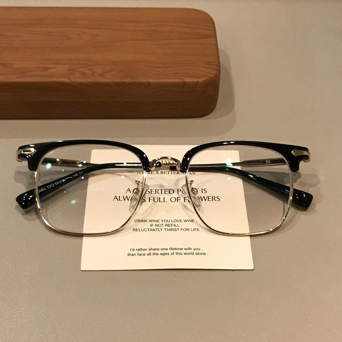 Men's Browline Eyeglass Frames with Contrast Lower Rims, Black/Gold or Black/Silver
