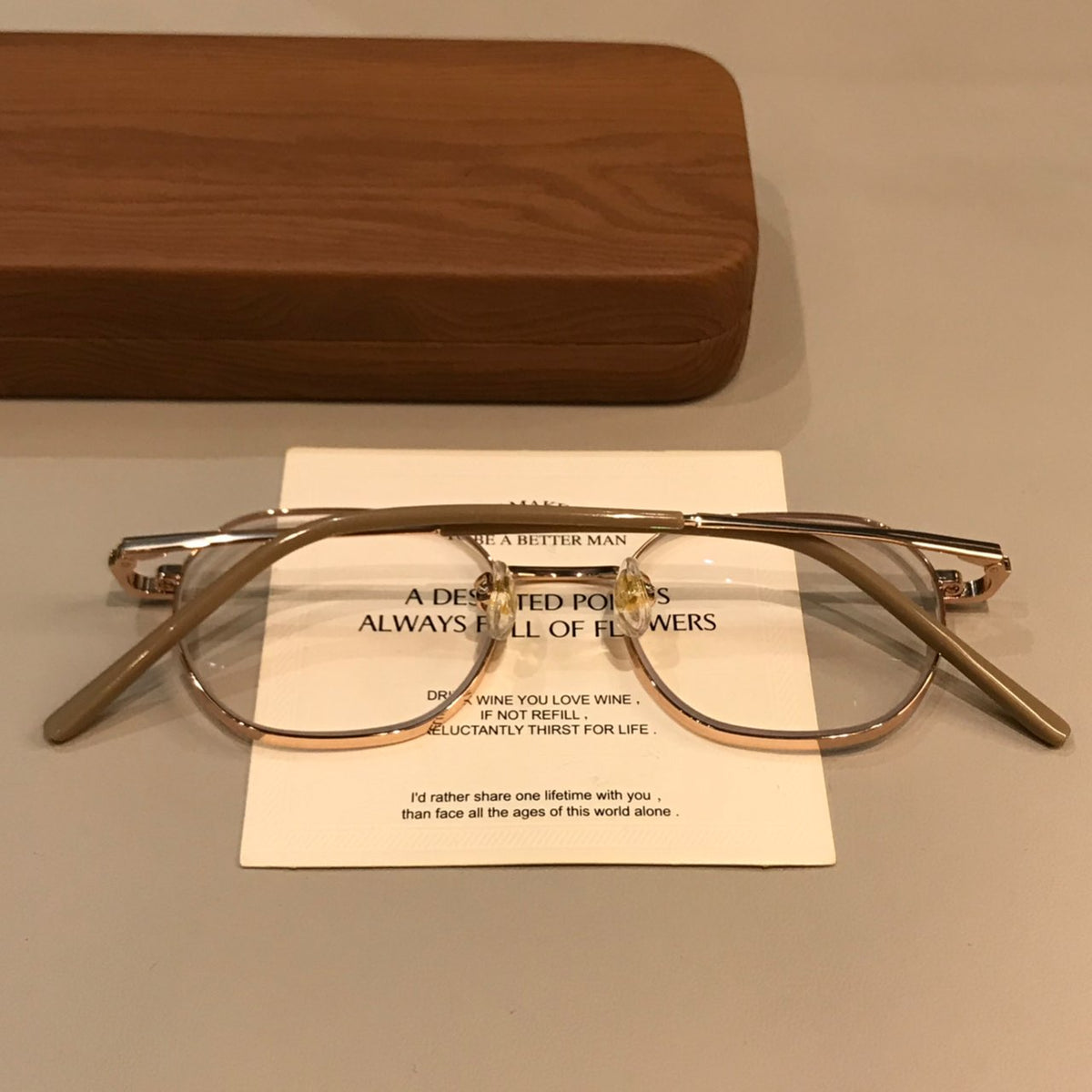 Geometric Wire-Style Eyeglass Frames with a Slim Bridge, Gold Tone frame detail