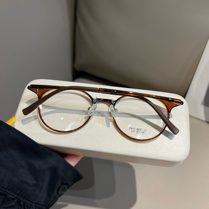 Compact Round Eyeglass Frames with Thin Rims, Chestnut Brown or Black frame detail