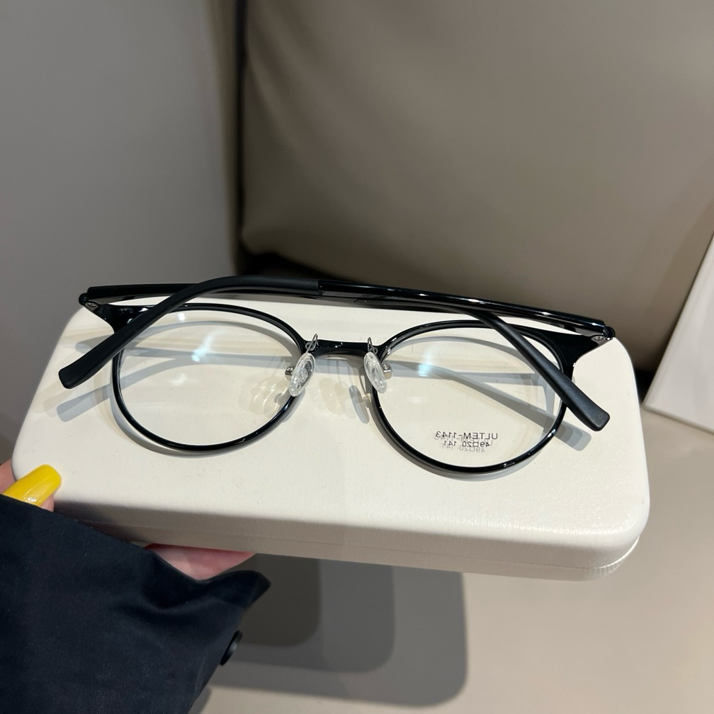 Compact Round Eyeglass Frames with Thin Rims, Chestnut Brown or Black temple detail