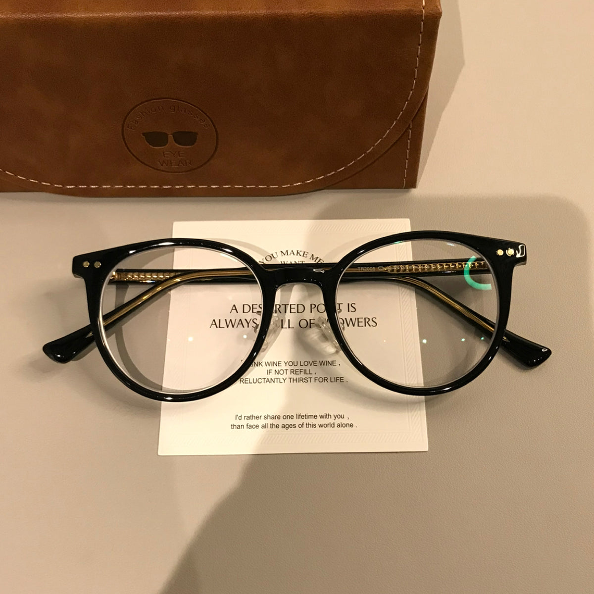 Round Eyeglass Frames with Rivet Accents, Amber Brown and More Colors - Black