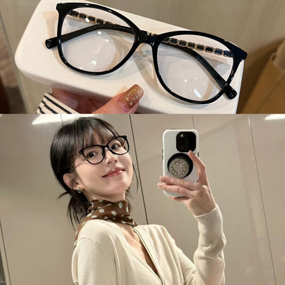 Cat-Eye Eyeglass Frames with Chain-Style Temple Details, Black or Tort side view
