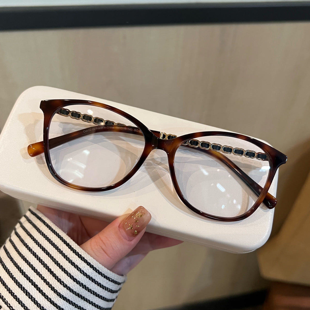 Cat-Eye Eyeglass Frames with Chain-Style Temple Details, Black or Tort - Tortoiseshell