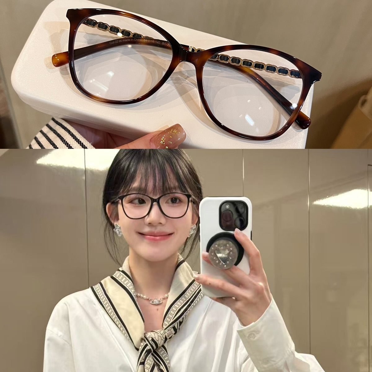 Cat-Eye Eyeglass Frames with Chain-Style Temple Details, Black or Tort front view