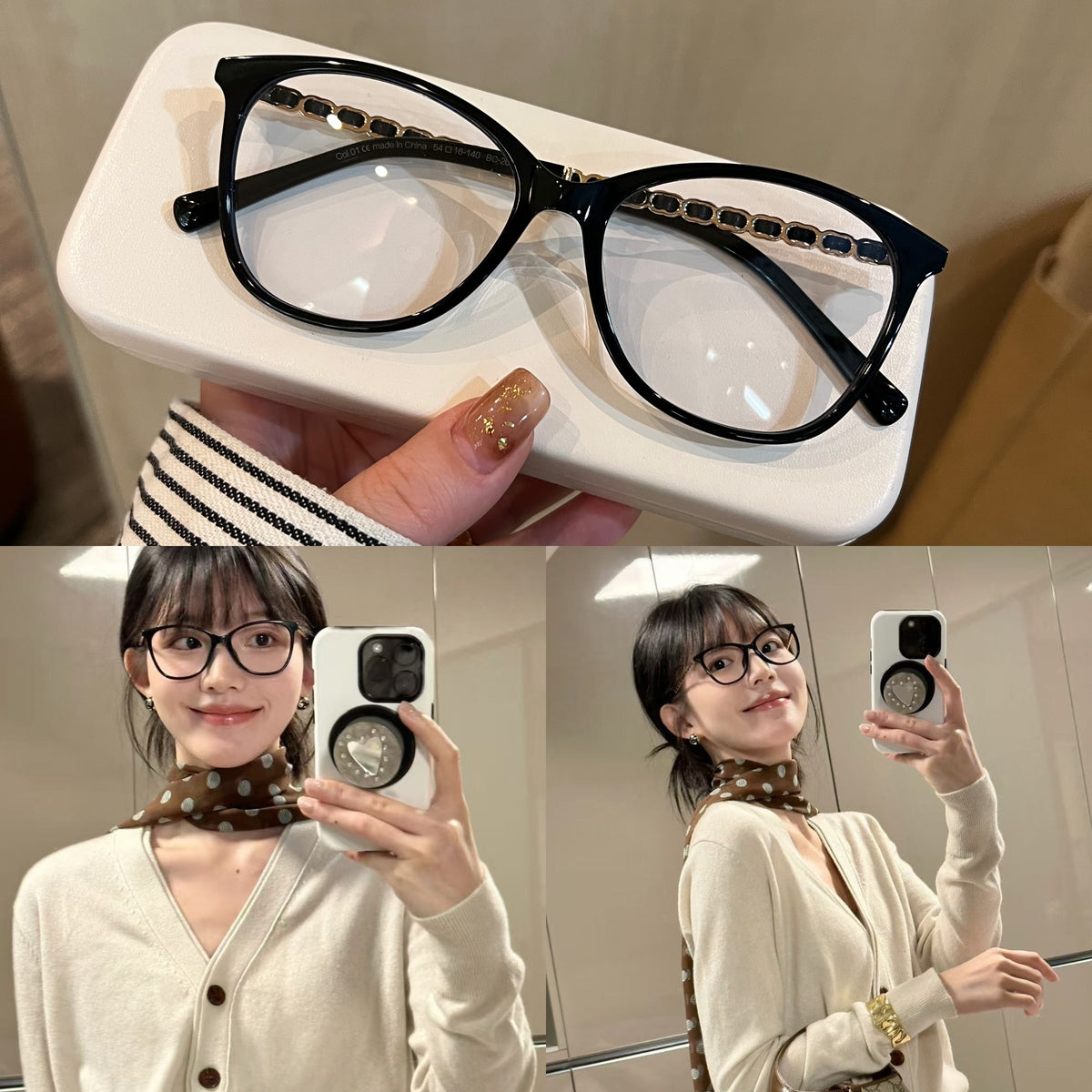 Cat-Eye Eyeglass Frames with Chain-Style Temple Details, Black or Tortoiseshell