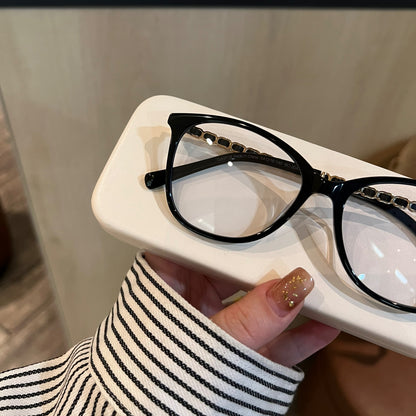 Cat-Eye Eyeglass Frames with Chain-Style Temple Details, Black or Tort temple detail