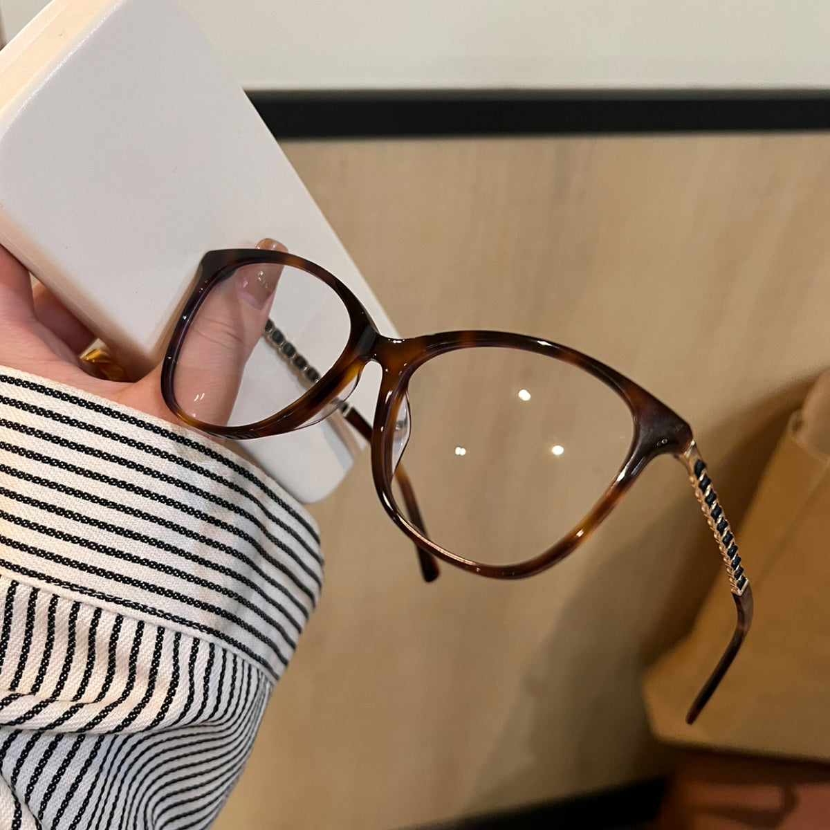 Cat-Eye Eyeglass Frames with Chain-Style Temple Details, Black or Tortoiseshell