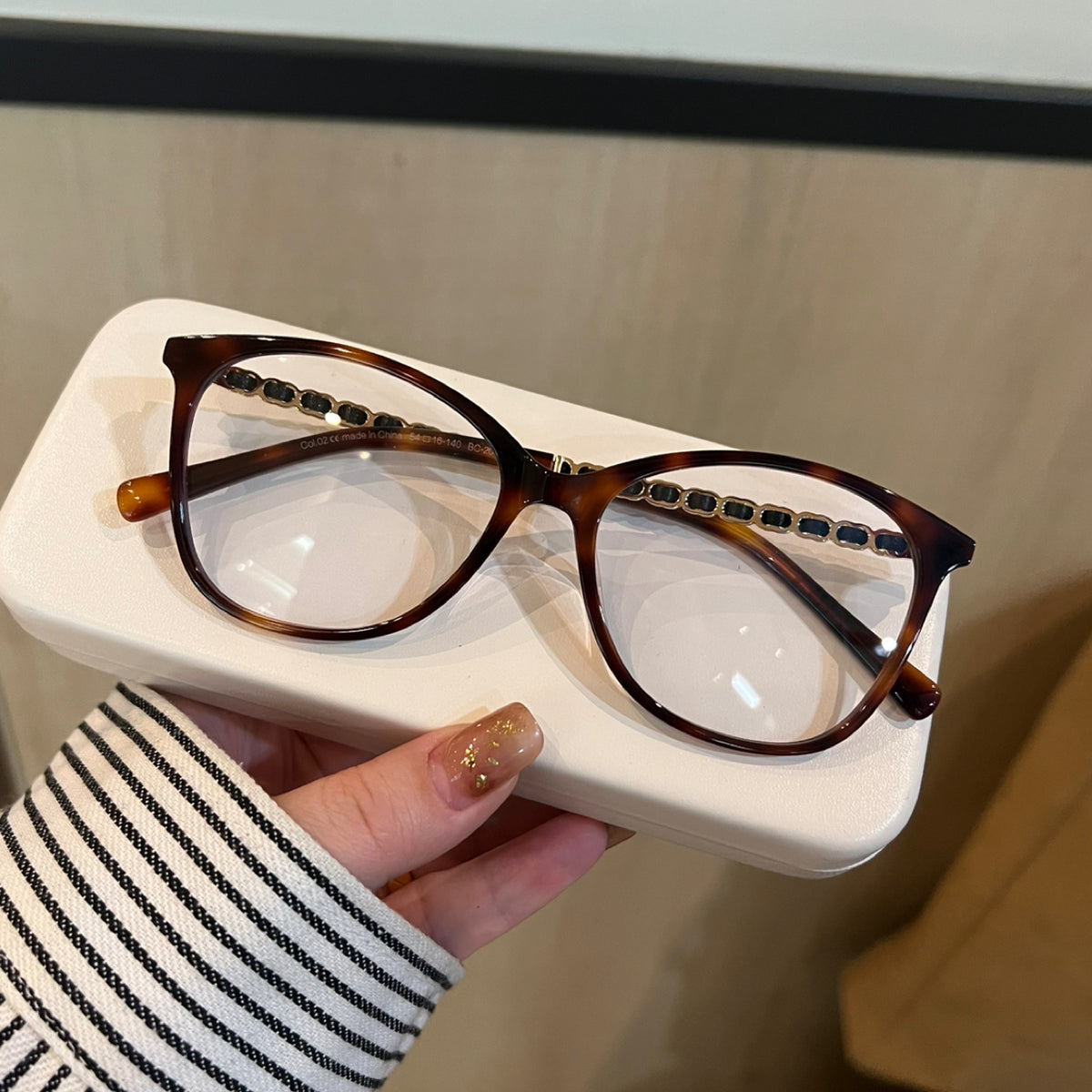 Cat-Eye Eyeglass Frames with Chain-Style Temple Details, Black or Tort additional product view