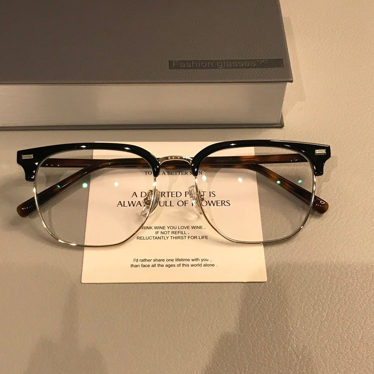Retro Browline Eyeglass Frames with Corner Rivets, Tortoiseshell/Gold, Black or Transparent Gray