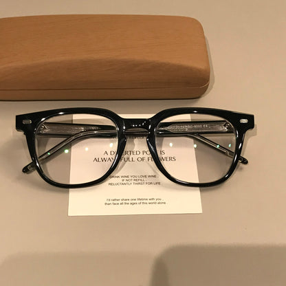 Men's Thick-Rim Rectangular Eyeglass Frames, Black lens detail