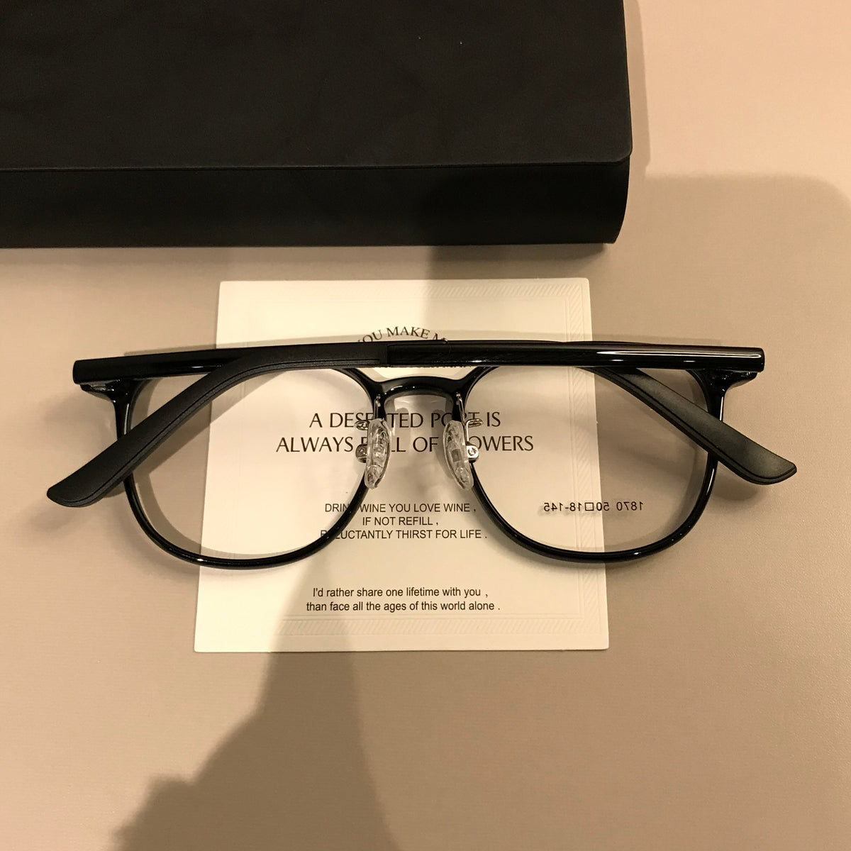 Compact Round Eyeglass Frames with Corner Accents, Black, Latte Brown temple detail