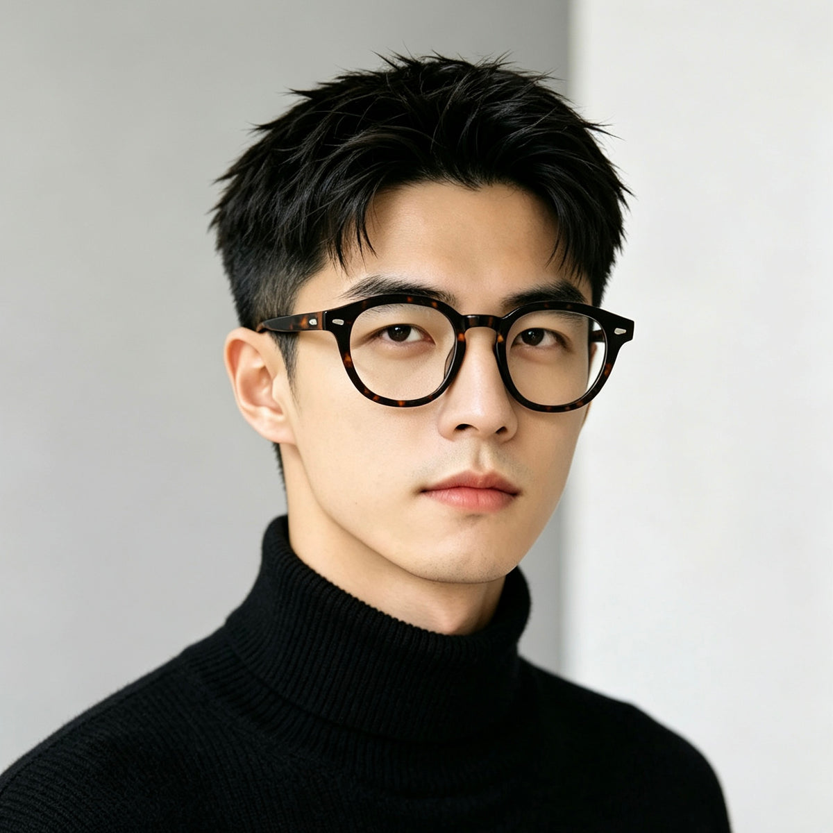 Men's Boston-Style Oval Eyeglass Frames with Thick Rims, Black or Tort front view